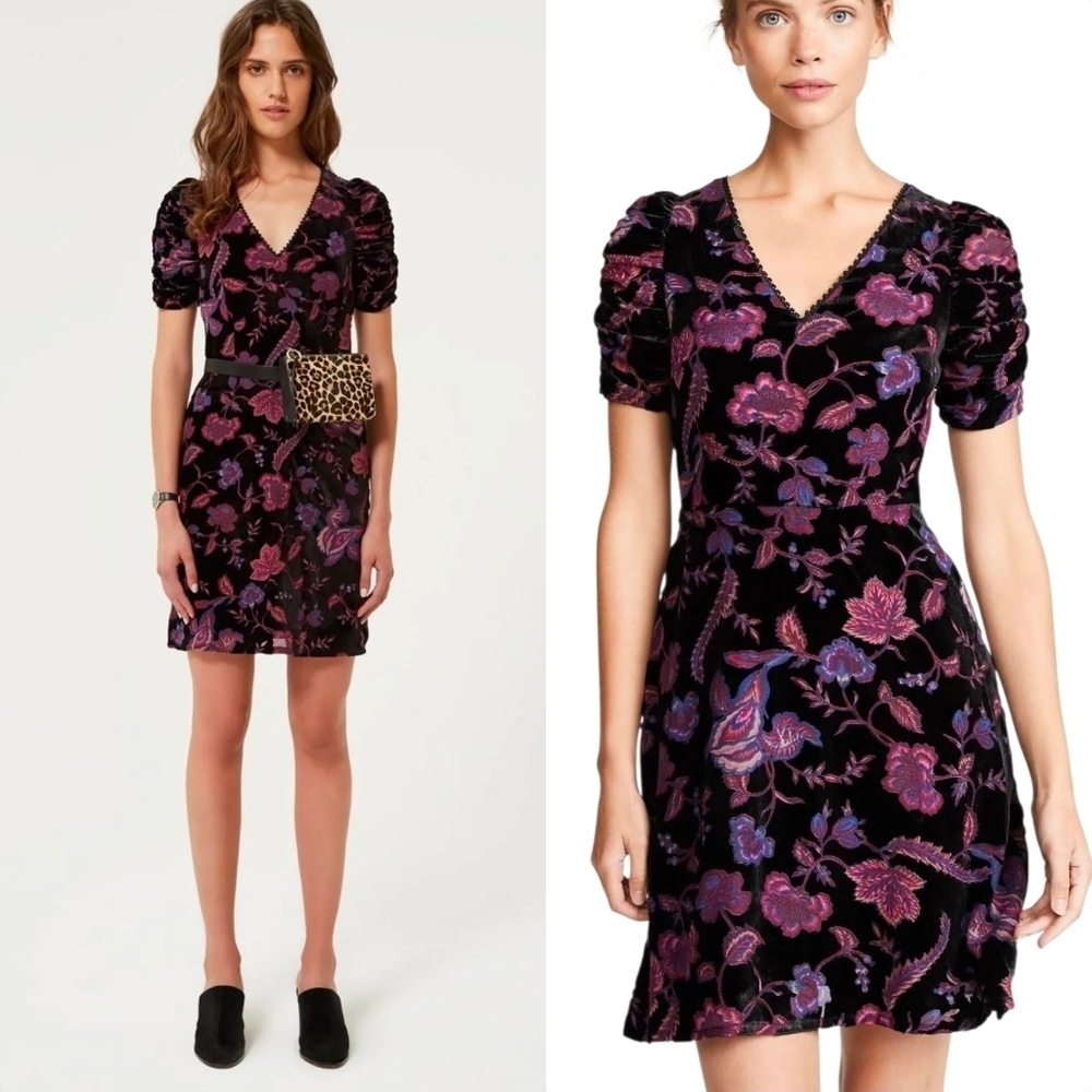 Rebecca Minkoff Arlette V Neck Velvet Mini Dress In Purple And Black Floral Sz 4
